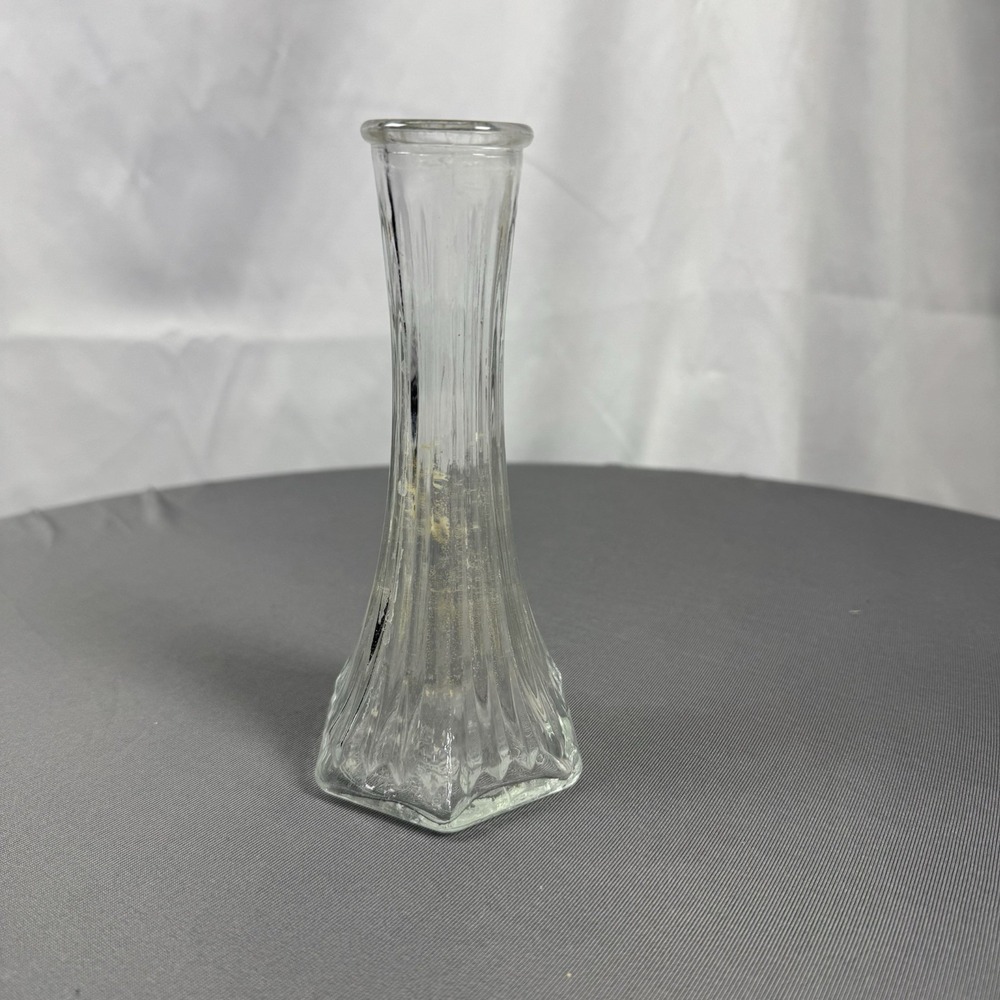 Vintage EO Brody Glass Clear Fluted Hexagon Base Bud Vase Ribbed